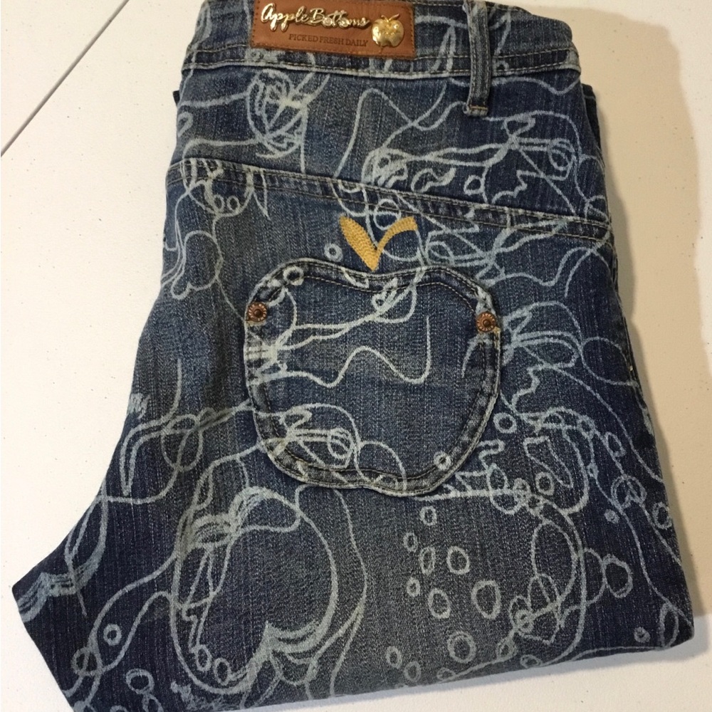 Apple Bottoms Denim Jeans with Brass Logo Label and Blue Wash